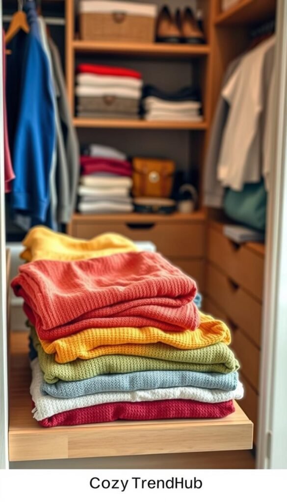A neatly organized closet featuring folded clothes in various fabrics and colors, with an emphasis on sweaters, t-shirts, and small items. In the foreground, display a pile of colorful folded sweaters in soft textures on a wooden shelf. In the middle, show a well-arranged drawer with neatly stacked t-shirts and small accessories, like belts and scarves, adding a sense of order. The background should feature a soft-focus view of a stylish closet with contemporary shelving and drawer units, highlighting the functionality of storage solutions. Use warm, natural lighting to create a cozy atmosphere and capture the inviting essence of home organization. Emphasize a Pinterest-inspired aesthetic, showcasing the brand "CozyTrendHub." A neatly organized closet featuring folded clothes in various fabrics and colors, with an emphasis on sweaters, t-shirts, and small items. In the foreground, display a pile of colorful folded sweaters in soft textures on a wooden shelf. In the middle, show a well-arranged drawer with neatly stacked t-shirts and small accessories, like belts and scarves, adding a sense of order. The background should feature a soft-focus view of a stylish closet with contemporary shelving and drawer units, highlighting the functionality of storage solutions. Use warm, natural lighting to create a cozy atmosphere and capture the inviting essence of home organization. Emphasize a Pinterest-inspired aesthetic, showcasing the brand "CozyTrendHub."