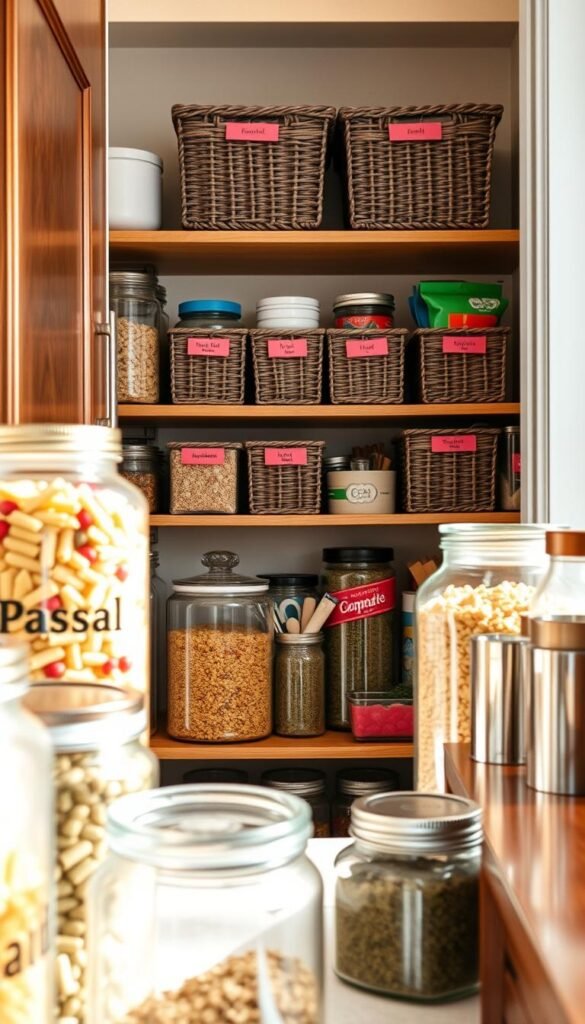 A neatly organized kitchen pantry featuring a variety of stylish containers, such as glass jars and labeled bins. In the foreground, showcase transparent glass jars filled with colorful pasta, grains, and spices, all arranged harmoniously. In the middle, include wooden shelves adorned with matching storage baskets that hold snack items and kitchen essentials, complemented by vibrant labels for easy identification. The background should present a subtly blurred view of a warm, inviting kitchen, with natural light streaming in through a window, casting gentle shadows. The mood should be cozy and organized, reflecting a functional yet aesthetic appeal that embodies the essence of home d&eacute;cor. Capture in a Pinterest-style, 35mm lens perspective, focusing on the cozy ambiance typical of &ldquo;CozyTrendHub.&rdquo;