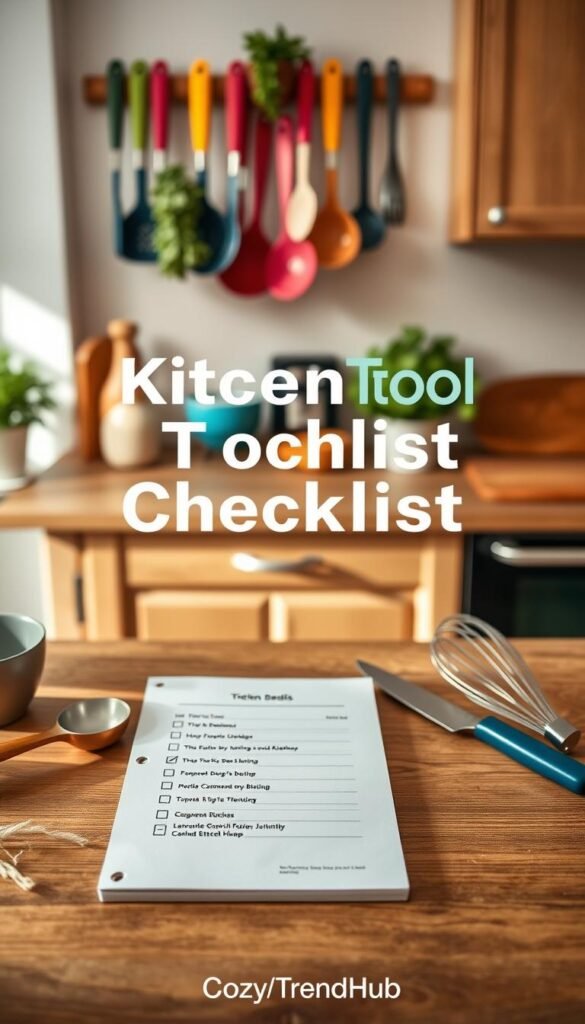 A neatly organized kitchen tool checklist displayed in a warm, inviting kitchen setting. The foreground features a wooden table with a stylish notepad, neatly arranged with kitchen essentials: measuring cups, spatula, chef's knife, cutting board, and a whisk, all in soft, natural lighting. The middle ground includes a variety of colorful utensils hanging above the counter on a rack, with potted herbs adding a touch of greenery. In the background, a blurred but stylish kitchen with modern appliances creates a cozy atmosphere. The overall mood is friendly and encouraging for beginners, evoking a sense of creativity and inspiration. Styled in a Pinterest-worthy aesthetic, emphasizing practicality and approachability, attributed to CozyTrendHub.