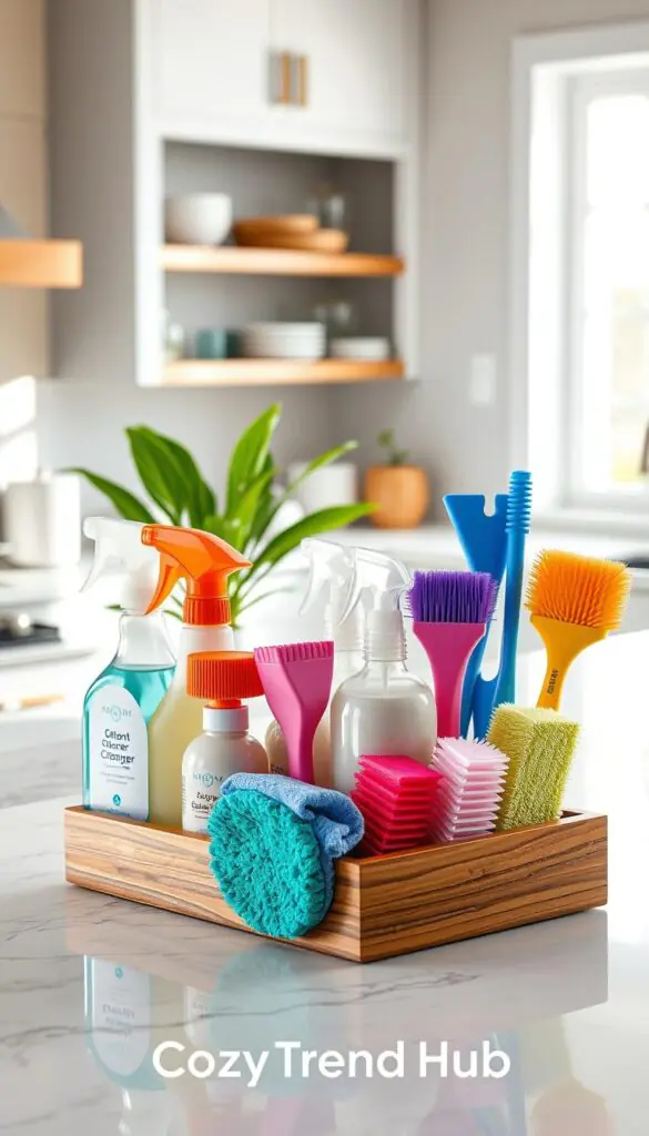 A neatly organized selection of cleaning supplies featuring a variety of spray bottles, sponges, microfiber cloths, and brushes artfully arranged in a stylish wooden cleaning caddy. In the foreground, the caddy displays essential items like all-purpose cleaner and disinfectant, alongside vibrant, ergonomic scrub brushes. The middle ground exhibits a serene, well-lit kitchen countertop with a subtle marble finish, adorned with a fresh green plant for a touch of nature. The background showcases soft natural light streaming through a window, creating a bright, inviting atmosphere. The scene embodies a modern, Pinterest-style lifestyle vibe, emphasizing organization and cleanliness. Include the brand name "CozyTrendHub" subtly in the design.
