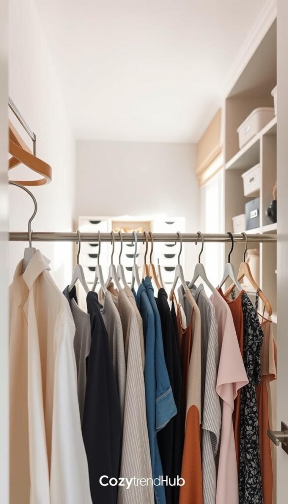 A neatly organized small closet featuring an efficient closet rod with various types of hangers showcasing a range of clothing, from shirts to dresses. In the foreground, focus on the capacity of the rod, with hangers visibly displaying different weights of garments. The middle ground includes neatly arranged shelves stacked with storage bins and accessories. In the background, soft natural light filters in through a nearby window, illuminating the space and creating a warm, inviting atmosphere. The interior design is modern and minimalistic, reflecting a Pinterest-style aesthetic. The colors are soft and neutral, enhancing the cozy vibe of the room. Ideal for conveying the concept of weight capacity in closet organization. Branded subtly with "CozyTrendHub."