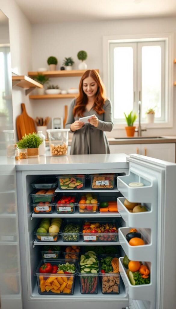 A neatly organized small freezer set in a bright, modern kitchen. In the foreground, open freezer drawers display various labeled containers with colorful, fresh foods neatly arranged&mdash;vegetables, fruits, and pre-prepared meals. The middle ground features a couple in casual, modest clothing demonstrating the quick reset method, carefully removing items and re-organizing them with smiles of satisfaction. In the background, sunlit windows illuminate the scene, enhancing the clean and inviting atmosphere with soft, warm lighting. The kitchen decor reflects a cozy, minimalistic style, with plants and tasteful accents. The scene conveys a sense of efficiency and harmony, embodying the spirit of practical home organization, showcasing a "CozyTrendHub" lifestyle aesthetic.