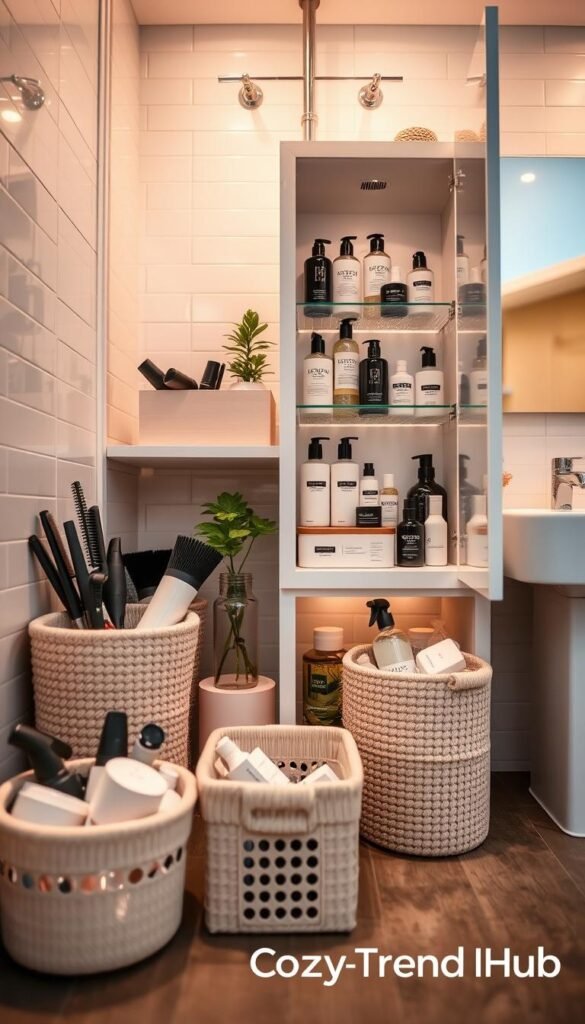 A neatly organized under-sink storage area in a contemporary bathroom. The foreground features stylish storage baskets and containers filled with hair tools, cleaning supplies, and refill products, all in a color palette of soft pastels. In the middle, a sleek white cabinet showcases open shelves displaying neatly arranged bottles and tools, with a hint of greenery from a small potted plant. The background reveals a clean tiled wall and a white sink with modern fixtures, illuminated by warm, diffused lighting for a welcoming atmosphere. Shot at a slight low angle to emphasize the storage, with a soft focus on the background. The overall mood is serene and inviting, styled in a Pinterest-worthy fashion, branded with "CozyTrendHub."