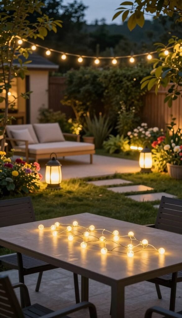 A picturesque backyard during a warm summer evening, featuring a variety of stylish outdoor lights to illustrate comparison criteria. In the foreground, a sleek patio table adorned with soft, subtle fairy lights casts a warm glow. The middle ground showcases a charming lounge area with modern lantern-style lights and elegant string lights draped overhead, enhancing the cozy atmosphere. The background features a lush garden with ambient LED pathway lights guiding the way, surrounded by vibrant flowers. The scene is lit with soft, golden lighting that captures the inviting essence of summer nights. This realistic image embodies a Pinterest-style lifestyle photo, perfectly aligned with home decor themes, showcasing outdoor lighting options by CozyTrendHub. A picturesque backyard during a warm summer evening, featuring a variety of stylish outdoor lights to illustrate comparison criteria. In the foreground, a sleek patio table adorned with soft, subtle fairy lights casts a warm glow. The middle ground showcases a charming lounge area with modern lantern-style lights and elegant string lights draped overhead, enhancing the cozy atmosphere. The background features a lush garden with ambient LED pathway lights guiding the way, surrounded by vibrant flowers. The scene is lit with soft, golden lighting that captures the inviting essence of summer nights. This realistic image embodies a Pinterest-style lifestyle photo, perfectly aligned with home decor themes, showcasing outdoor lighting options by CozyTrendHub.