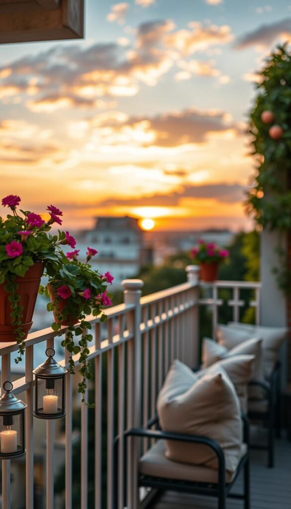 A picturesque balcony railing view showcasing elegant decor elements that embody summer evenings. In the foreground, the balcony railing is adorned with potted vibrant flowers, cascading greenery, and decorative lanterns. The middle ground features tasteful outdoor furniture, with soft cushions in muted tones, inviting viewers to relax and enjoy the view. The background reveals a stunning sunset, casting warm golden and pink hues across the sky, creating a cozy atmosphere. Utilize soft, natural lighting to enhance the serene ambiance, with a shallow depth of field focusing clearly on the railing details. Capture the scene from a slightly elevated angle, reminiscent of Pinterest-style lifestyle shots, reflecting a harmonious blend of safety and beauty in balcony design. Perfect for CozyTrendHub. A picturesque balcony railing view showcasing elegant decor elements that embody summer evenings. In the foreground, the balcony railing is adorned with potted vibrant flowers, cascading greenery, and decorative lanterns. The middle ground features tasteful outdoor furniture, with soft cushions in muted tones, inviting viewers to relax and enjoy the view. The background reveals a stunning sunset, casting warm golden and pink hues across the sky, creating a cozy atmosphere. Utilize soft, natural lighting to enhance the serene ambiance, with a shallow depth of field focusing clearly on the railing details. Capture the scene from a slightly elevated angle, reminiscent of Pinterest-style lifestyle shots, reflecting a harmonious blend of safety and beauty in balcony design. Perfect for CozyTrendHub.