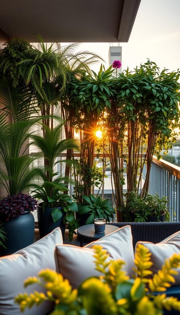 A picturesque balcony scene during a warm summer evening, featuring a lush plants privacy screen made of various vibrant, green potted plants like ferns, bamboo, and flowering vines. In the foreground, cozy cushioned furniture invites relaxation, with soft throw pillows and a small side table holding a drink. The middle ground showcases the natural privacy screen, elegantly crafted to shield from neighboring views. In the background, a soft sunset casts a warm golden hue over the setting, with gentle shadows created by the plants. The image captures a serene, inviting atmosphere, ideal for summer evenings spent outdoors. Shot with a wide-angle lens, enhancing depth, and maintaining a high level of detail to showcase the beauty of the balcony decor. CozyTrendHub. A picturesque balcony scene during a warm summer evening, featuring a lush plants privacy screen made of various vibrant, green potted plants like ferns, bamboo, and flowering vines. In the foreground, cozy cushioned furniture invites relaxation, with soft throw pillows and a small side table holding a drink. The middle ground showcases the natural privacy screen, elegantly crafted to shield from neighboring views. In the background, a soft sunset casts a warm golden hue over the setting, with gentle shadows created by the plants. The image captures a serene, inviting atmosphere, ideal for summer evenings spent outdoors. Shot with a wide-angle lens, enhancing depth, and maintaining a high level of detail to showcase the beauty of the balcony decor. CozyTrendHub.