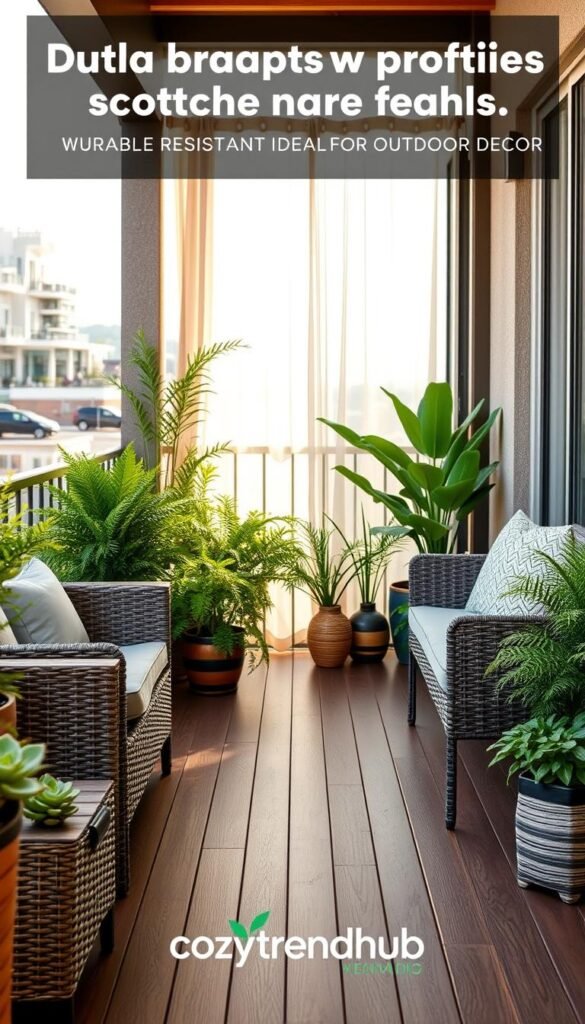 A picturesque balcony scene showcasing durable materials ideal for outdoor decor. In the foreground, stylish wicker furniture with weather-resistant cushions in muted tones invites relaxation. Lush, vibrant potted plants, like ferns and succulents, add a splash of greenery. The middle ground features charming wooden decking with a sleek, anti-slip finish, emphasizing durability. In the background, soft, diffused sunlight filters through sheer curtains, creating a warm, inviting atmosphere. The scene is shot from a slightly elevated angle, capturing the cozy yet resilient elements of balcony design. The overall mood is serene and stylish, perfect for an outdoor oasis. Include branding for "CozyTrendHub" subtly integrated into the balcony's decor, ensuring it's visually cohesive.