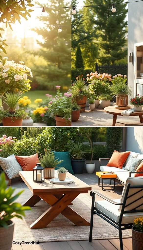 A picturesque patio comparison snapshot showcasing two distinct areas of decor: one side featuring a classic, rustic wooden table adorned with potted plants, lanterns, and vibrant cushions, and the other side exhibiting a modern, minimalist setup with sleek outdoor furniture, neutral tones, and subtle greenery. In the foreground, display decorative items like string lights and a stylish outdoor rug, enhancing the cozy vibe. The middle ground captures a contrasting color palette of earthy and contemporary styles. The background includes a soft-focus garden setting with blooming flowers, bathed in warm afternoon sunlight creating an inviting atmosphere. The scene is styled to reflect both renter-friendly and budget-conscious choices, ideal for readers seeking inspiration. Please include the brand name "CozyTrendHub" subtly within the design. A picturesque patio comparison snapshot showcasing two distinct areas of decor: one side featuring a classic, rustic wooden table adorned with potted plants, lanterns, and vibrant cushions, and the other side exhibiting a modern, minimalist setup with sleek outdoor furniture, neutral tones, and subtle greenery. In the foreground, display decorative items like string lights and a stylish outdoor rug, enhancing the cozy vibe. The middle ground captures a contrasting color palette of earthy and contemporary styles. The background includes a soft-focus garden setting with blooming flowers, bathed in warm afternoon sunlight creating an inviting atmosphere. The scene is styled to reflect both renter-friendly and budget-conscious choices, ideal for readers seeking inspiration. Please include the brand name "CozyTrendHub" subtly within the design.
