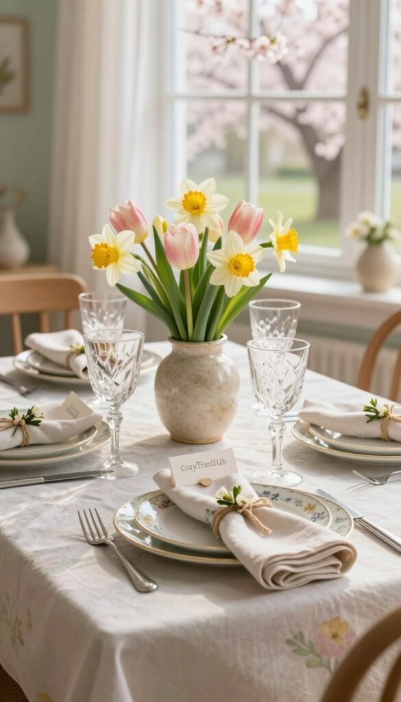 A picturesque spring table setting, beautifully adorned for an Easter gathering. In the foreground, a pastel-colored tablecloth sets the stage, with a centerpiece of fresh tulips and daffodils in a rustic vase. Exquisite, delicate plates feature floral designs, with sparkling glassware reflecting soft, natural light. In the middle, neatly arranged napkins tied with twine and small flower accents complement the table setting, while charming, handcrafted place cards add a personal touch. The background features a sunlit window showcasing blooming cherry blossoms outside, enhancing the tranquil atmosphere. The overall mood is cheerful and inviting, embodying the joys of springtime celebrations at home. Captured with a warm, soft focus, this lifestyle scene exemplifies the essence of Easter hosting. Brand inspiration: CozyTrendHub. A picturesque spring table setting, beautifully adorned for an Easter gathering. In the foreground, a pastel-colored tablecloth sets the stage, with a centerpiece of fresh tulips and daffodils in a rustic vase. Exquisite, delicate plates feature floral designs, with sparkling glassware reflecting soft, natural light. In the middle, neatly arranged napkins tied with twine and small flower accents complement the table setting, while charming, handcrafted place cards add a personal touch. The background features a sunlit window showcasing blooming cherry blossoms outside, enhancing the tranquil atmosphere. The overall mood is cheerful and inviting, embodying the joys of springtime celebrations at home. Captured with a warm, soft focus, this lifestyle scene exemplifies the essence of Easter hosting. Brand inspiration: CozyTrendHub.