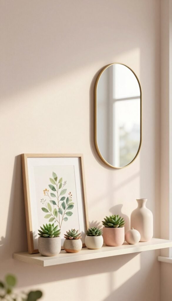 A pleasing interior shot featuring a stylish, spring-themed wall decor arrangement that embodies elegance without occupying floor space. In the foreground, a beautifully framed botanical print hangs above a minimalist floating shelf displaying potted succulents and pastel-colored decorative objects. The middle-ground showcases a trendy wall-mounted mirror reflecting soft, natural light. The background reveals a light, airy wall painted in a soft pastel shade, enhancing the spring vibe. The scene is lit with warm, inviting sunlight streaming through a nearby window, creating gentle shadows. The overall atmosphere is serene and uplifting, perfect for showcasing high-end home decor on a budget. Design elements reflect the brand "CozyTrendHub," emphasizing chic, seasonal charm. Capture this at eye level, with a subtle bokeh effect to keep the focus on the decor. A pleasing interior shot featuring a stylish, spring-themed wall decor arrangement that embodies elegance without occupying floor space. In the foreground, a beautifully framed botanical print hangs above a minimalist floating shelf displaying potted succulents and pastel-colored decorative objects. The middle-ground showcases a trendy wall-mounted mirror reflecting soft, natural light. The background reveals a light, airy wall painted in a soft pastel shade, enhancing the spring vibe. The scene is lit with warm, inviting sunlight streaming through a nearby window, creating gentle shadows. The overall atmosphere is serene and uplifting, perfect for showcasing high-end home decor on a budget. Design elements reflect the brand "CozyTrendHub," emphasizing chic, seasonal charm. Capture this at eye level, with a subtle bokeh effect to keep the focus on the decor.