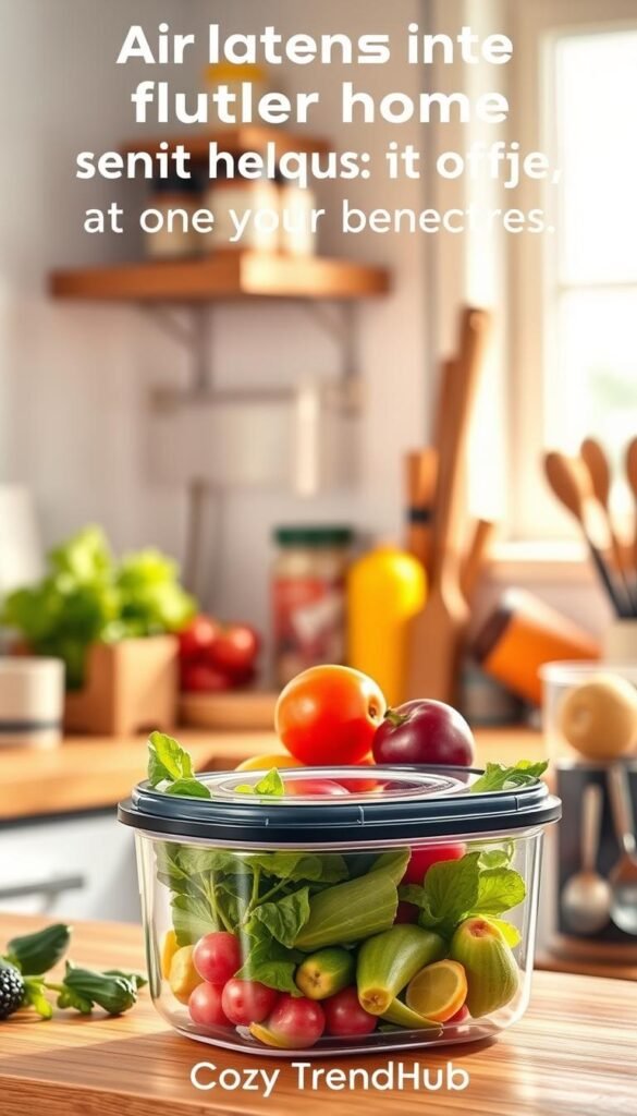 A realistic, Pinterest-style image of an airtight container, prominently placed in the foreground, showcasing its sleek, modern design with a clear body and a sturdy, secure lid. The container is filled with colorful, fresh ingredients such as vibrant vegetables and fruits, emphasizing freshness and organization. In the middle, a well-organized kitchen space reveals neatly arranged spices and utensils, highlighting small home efficiency. The background features soft, warm lighting filtering through a kitchen window, casting gentle shadows and enhancing the cozy atmosphere. The overall mood is inviting and practical, perfect for renters looking to maximize their small space. The branding "CozyTrendHub" subtly appears along the bottom edge of the image, emphasizing a lifestyle that blends style with functionality. A realistic, Pinterest-style image of an airtight container, prominently placed in the foreground, showcasing its sleek, modern design with a clear body and a sturdy, secure lid. The container is filled with colorful, fresh ingredients such as vibrant vegetables and fruits, emphasizing freshness and organization. In the middle, a well-organized kitchen space reveals neatly arranged spices and utensils, highlighting small home efficiency. The background features soft, warm lighting filtering through a kitchen window, casting gentle shadows and enhancing the cozy atmosphere. The overall mood is inviting and practical, perfect for renters looking to maximize their small space. The branding "CozyTrendHub" subtly appears along the bottom edge of the image, emphasizing a lifestyle that blends style with functionality.