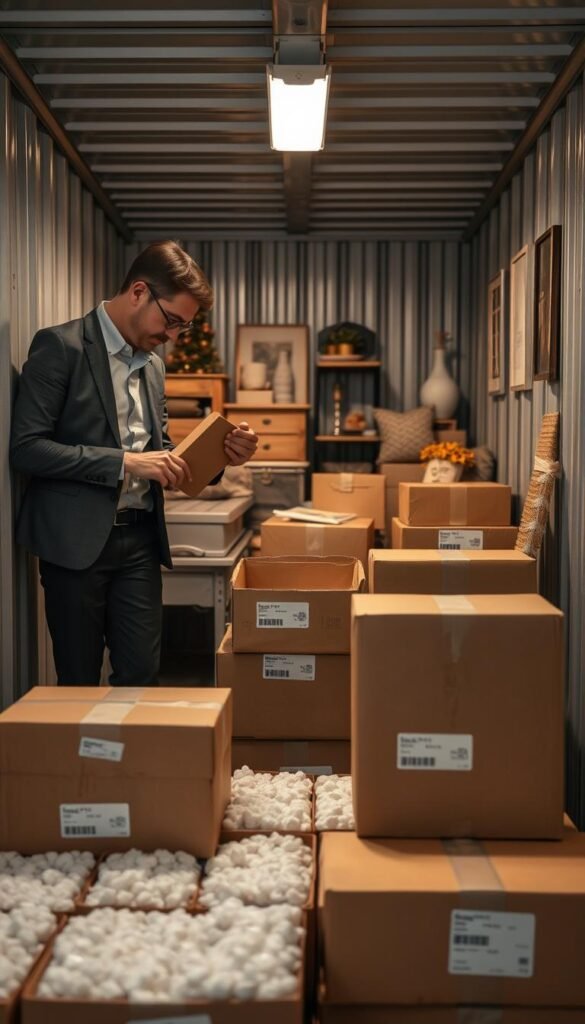 A realistic and cozy scene inside a well-organized temporary storage unit. In the foreground, several neatly packed boxes and labeled containers, showcasing protective padding materials. A person dressed in professional business attire is carefully placing a fragile item into a sturdy box, demonstrating attention to detail and safety. In the middle ground, a variety of household items, such as furniture pieces, decorative items, and seasonal decorations, are organized efficiently. The background features the storage unit’s metal walls and the soft lighting reveals the warm hue of the space. The atmosphere feels secure and inviting, emphasizing safety and organization. The overall composition should embody a Pinterest-style home storage aesthetic, branded as "CozyTrendHub". A realistic and cozy scene inside a well-organized temporary storage unit. In the foreground, several neatly packed boxes and labeled containers, showcasing protective padding materials. A person dressed in professional business attire is carefully placing a fragile item into a sturdy box, demonstrating attention to detail and safety. In the middle ground, a variety of household items, such as furniture pieces, decorative items, and seasonal decorations, are organized efficiently. The background features the storage unit’s metal walls and the soft lighting reveals the warm hue of the space. The atmosphere feels secure and inviting, emphasizing safety and organization. The overall composition should embody a Pinterest-style home storage aesthetic, branded as "CozyTrendHub".