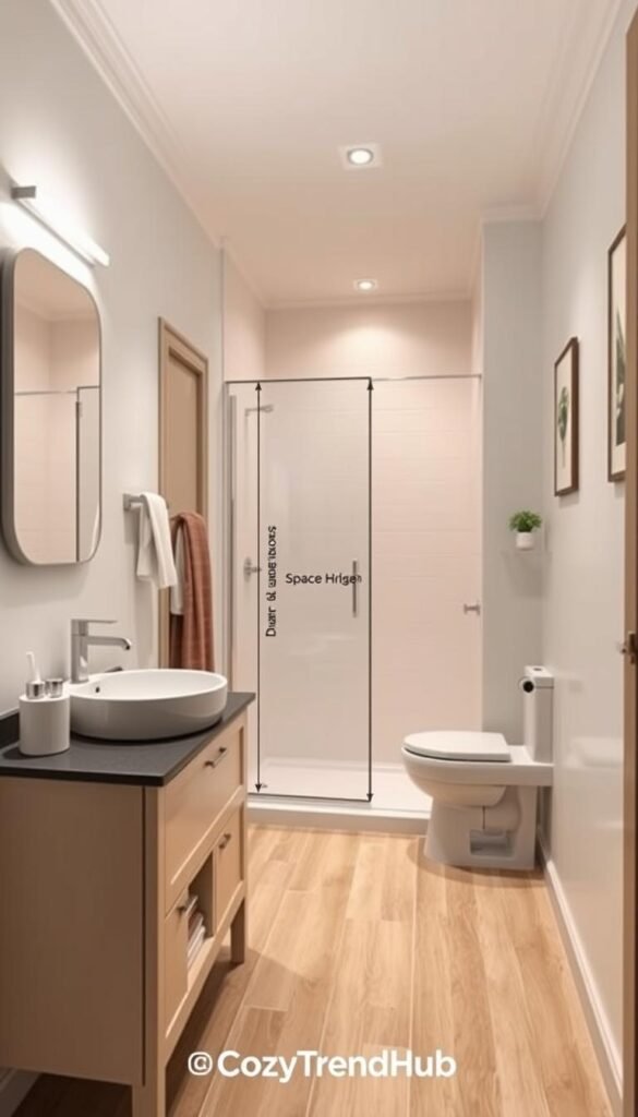 A realistic and inviting small bathroom scene showcasing precise measurements and dimensions essential for optimizing space. In the foreground, a stylishly designed vanity with a modern sink, a compact mirror, and organized storage solutions. The middle ground features a sleek shower area and a space-saving toilet, highlighting clearances and dimensions with subtle lines and markings. In the background, soft lighting emanates from warm fixtures, creating a cozy, inviting atmosphere. The walls have a light, airy color scheme with tasteful decor, reflecting a Pinterest-style lifestyle aesthetic. The scene is angled to capture the breadth of the room, focusing on function and style. Emphasize a clean, clutter-free look, ideal for a small bathroom, branded as "CozyTrendHub."