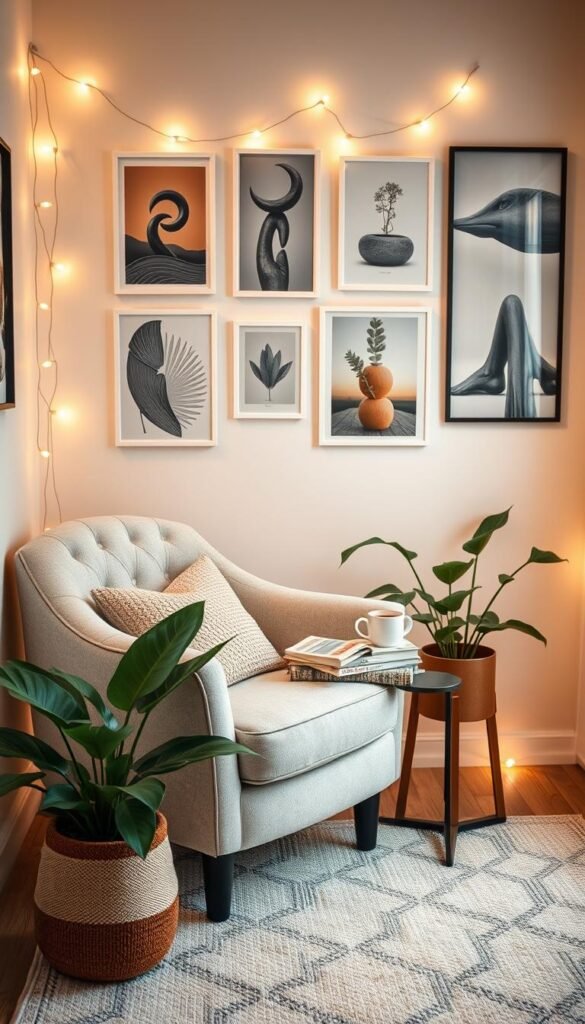 A renter-friendly cozy corner featuring a compact reading nook designed for comfort and style. In the foreground, a plush, neutral-toned armchair positioned next to a small, stylish side table adorned with a steaming cup of tea and a stack of cozy books. The middle ground showcases a soft, textured rug beneath, with oversized, potted plants adding a touch of greenery. The background features a gallery wall of removable art prints that reflect a warm and inviting atmosphere, illuminated by the soft glow of fairy lights. The overall lighting is warm and inviting, creating a relaxed ambiance perfect for reading and relaxation. Capture this scene with a soft focus lens, simulating the aesthetic of a Pinterest lifestyle photo for CozyTrendHub. A renter-friendly cozy corner featuring a compact reading nook designed for comfort and style. In the foreground, a plush, neutral-toned armchair positioned next to a small, stylish side table adorned with a steaming cup of tea and a stack of cozy books. The middle ground showcases a soft, textured rug beneath, with oversized, potted plants adding a touch of greenery. The background features a gallery wall of removable art prints that reflect a warm and inviting atmosphere, illuminated by the soft glow of fairy lights. The overall lighting is warm and inviting, creating a relaxed ambiance perfect for reading and relaxation. Capture this scene with a soft focus lens, simulating the aesthetic of a Pinterest lifestyle photo for CozyTrendHub.