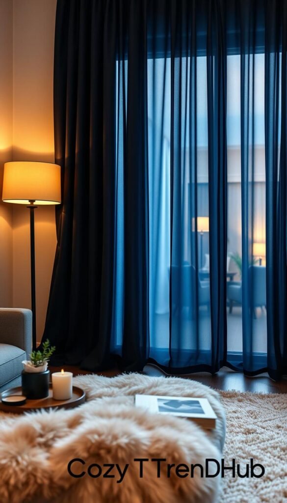 A richly textured room featuring elegant blackout curtains in a deep navy blue color, draping gracefully over a large window to block out daylight. In the foreground, a soft, plush rug adds warmth, with a stylish coffee table adorned with a few carefully arranged decorative items: a candle, a small potted plant, and a cozy book. The middle section showcases the curtains, their fabric gently catching the soft light of a nearby lamp, creating a tranquil ambiance. In the background, a well-decorated living room space reveals hints of stylish furniture and a warm color palette, reflecting a cozy, private atmosphere. The composition is shot with a wide-angle lens, capturing the inviting essence of a comfortable home. CozyTrendHub branding subtly integrates into the decor, enhancing the overall inviting scene. A richly textured room featuring elegant blackout curtains in a deep navy blue color, draping gracefully over a large window to block out daylight. In the foreground, a soft, plush rug adds warmth, with a stylish coffee table adorned with a few carefully arranged decorative items: a candle, a small potted plant, and a cozy book. The middle section showcases the curtains, their fabric gently catching the soft light of a nearby lamp, creating a tranquil ambiance. In the background, a well-decorated living room space reveals hints of stylish furniture and a warm color palette, reflecting a cozy, private atmosphere. The composition is shot with a wide-angle lens, capturing the inviting essence of a comfortable home. CozyTrendHub branding subtly integrates into the decor, enhancing the overall inviting scene.