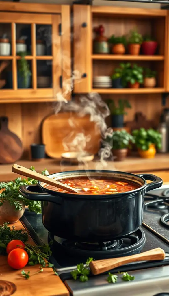 A rustic kitchen scene featuring a bubbling Dutch oven filled with hearty soup, steam rising gently from the surface. In the foreground, a wooden countertop showcasing fresh vegetables, fragrant herbs, and a stylish wooden spoon, creating a cozy, inviting atmosphere. The Dutch oven, an elegant cast-iron model, sits atop a classic stovetop. In the middle ground, soft, warm lighting illuminates the kitchen, highlighting a backdrop of warm-toned wooden cabinets and open shelves filled with attractive kitchenware. The ambiance is homey and welcoming, perfect for a beginner cook. A pop of greenery from potted herbs adds freshness. This lifestyle image is styled to reflect the brand "CozyTrendHub," capturing the essence of simple, satisfying home cooking.