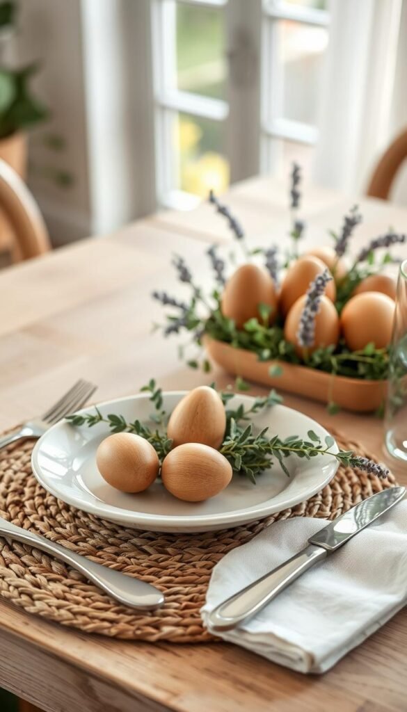 A rustic-modern table setting featuring beautifully crafted wooden eggs nestled among fresh greenery. In the foreground, a woven placemat holds a soft, pastel-colored dinner plate, accentuated by elegant cutlery and a delicate linen napkin. The middle ground showcases the wooden eggs in varying sizes, artfully arranged with sprigs of eucalyptus and lavender, creating a harmonious blend of textures. The background includes softly blurred, natural light streaming in through a window, casting a warm glow that highlights the serene ambiance. The overall mood is cozy and inviting, perfect for spring celebrations. Emphasize a Pinterest-style lifestyle aesthetic aligned with home decor trends. Brand: CozyTrendHub. A rustic-modern table setting featuring beautifully crafted wooden eggs nestled among fresh greenery. In the foreground, a woven placemat holds a soft, pastel-colored dinner plate, accentuated by elegant cutlery and a delicate linen napkin. The middle ground showcases the wooden eggs in varying sizes, artfully arranged with sprigs of eucalyptus and lavender, creating a harmonious blend of textures. The background includes softly blurred, natural light streaming in through a window, casting a warm glow that highlights the serene ambiance. The overall mood is cozy and inviting, perfect for spring celebrations. Emphasize a Pinterest-style lifestyle aesthetic aligned with home decor trends. Brand: CozyTrendHub.
