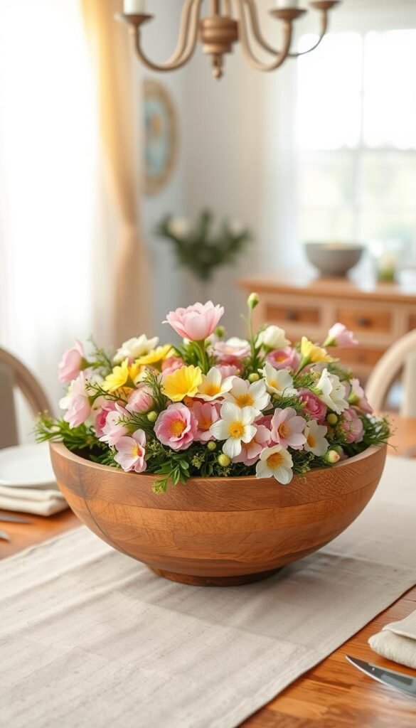 A rustic wooden dough bowl elegantly placed at the center of a stylish table, filled with a vibrant arrangement of fresh spring flowers in soft pastel colors, such as pinks and yellows. Surrounding the bowl, delicate greenery adds a natural touch. The background features a light, airy dining space with soft natural light streaming through sheer curtains, creating a warm and inviting atmosphere. The table is adorned with neutral-toned linen, enhancing the cozy yet sophisticated vibe. Front-focus on the dough bowl while maintaining a blurred depth of field effect to draw attention to the centerpiece. Capture this scene with a warm color palette, evoking the freshness of spring. Perfectly aligned with Pinterest-style home decor aesthetics, promoting a spring refresh from CozyTrendHub.