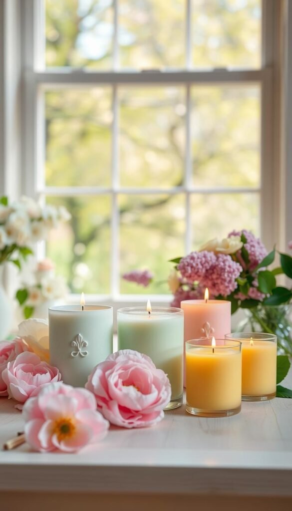 A serene, Pinterest-style lifestyle photo showcasing an array of spring scents candles from CozyTrendHub. In the foreground, a collection of elegantly crafted candles in pastel colors such as mint green, soft pink, and sunny yellow, arranged artistically on a light wooden table. Each candle has a unique texture, with some featuring floral motifs and others smooth finishes. The middle ground features delicate spring flowers like peonies and lilacs, their vibrant colors complementing the candles. In the background, a softly blurred window reveals a lush garden with blossoming trees, allowing gentle natural light to filter through, creating a warm and inviting atmosphere. The composition evokes a calm and refreshing spring vibe, perfect for enhancing home decor. A serene, Pinterest-style lifestyle photo showcasing an array of spring scents candles from CozyTrendHub. In the foreground, a collection of elegantly crafted candles in pastel colors such as mint green, soft pink, and sunny yellow, arranged artistically on a light wooden table. Each candle has a unique texture, with some featuring floral motifs and others smooth finishes. The middle ground features delicate spring flowers like peonies and lilacs, their vibrant colors complementing the candles. In the background, a softly blurred window reveals a lush garden with blossoming trees, allowing gentle natural light to filter through, creating a warm and inviting atmosphere. The composition evokes a calm and refreshing spring vibe, perfect for enhancing home decor.