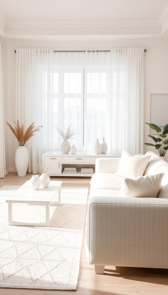 A serene all-white living room adorned with layers of off-white textures, featuring a plush white sofa with soft cushions, minimalist white coffee table, and a stylish area rug with subtle tonal variations. In the foreground, a decorative console table displays elegant vases and books in complementary neutral shades. The middle section showcases a large window draped with sheer, flowing curtains that allow gentle natural light to illuminate the space. In the background, light-colored wall art adds depth and interest. The atmosphere is calm and inviting, promoting a sense of tranquility. The composition should resemble a Pinterest-style lifestyle photo, emphasizing practical yet chic decor elements. Shot with a soft focus lens, creating a warm and inviting ambiance, perfect for CozyTrendHub.