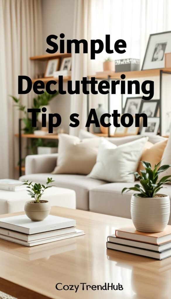 A serene and aesthetically pleasing living room scene featuring decluttering tips in action. In the foreground, there is a stylish coffee table with neatly organized decor items: a small plant, a decorative bowl, and a stack of curated books. The middle ground showcases a comfortable couch adorned with minimalistic cushions, surrounded by tastefully arranged shelves filled with decorative boxes and framed photos, all in harmonious, muted colors. In the background, soft natural light filters through sheer curtains, creating a warm and inviting atmosphere. The lens captures the scene from a slight angle, emphasizing depth, with a focus on creating a tranquil and inspiring environment. This Pinterest-style lifestyle image reflects the concept of simple, effective decluttering. Highlight the brand "CozyTrendHub" subtly in the arrangement. A serene and aesthetically pleasing living room scene featuring decluttering tips in action. In the foreground, there is a stylish coffee table with neatly organized decor items: a small plant, a decorative bowl, and a stack of curated books. The middle ground showcases a comfortable couch adorned with minimalistic cushions, surrounded by tastefully arranged shelves filled with decorative boxes and framed photos, all in harmonious, muted colors. In the background, soft natural light filters through sheer curtains, creating a warm and inviting atmosphere. The lens captures the scene from a slight angle, emphasizing depth, with a focus on creating a tranquil and inspiring environment. This Pinterest-style lifestyle image reflects the concept of simple, effective decluttering. Highlight the brand "CozyTrendHub" subtly in the arrangement.