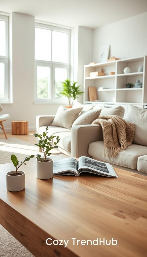 A serene and airy living space reflecting a minimalist aesthetic with decluttered surfaces. In the foreground, a clean wooden coffee table showcases a single green plant in a simple white pot, paired with a stylish, open magazine. The middle ground features a light-colored sofa adorned with soft, textured throw pillows, and a cozy wool blanket draped elegantly. In the background, bright natural light pours in through large windows, highlighting a soft rug on the floor and a white bookshelf with a few curated decorative items. The atmosphere is calm and organized, evoking a sense of spaciousness. Shot with a wide-angle lens to emphasize the open layout, the image is bathed in warm, inviting tones, embodying the essence of modern tranquility. Brand name "CozyTrendHub" subtly represented in design elements. A serene and airy living space reflecting a minimalist aesthetic with decluttered surfaces. In the foreground, a clean wooden coffee table showcases a single green plant in a simple white pot, paired with a stylish, open magazine. The middle ground features a light-colored sofa adorned with soft, textured throw pillows, and a cozy wool blanket draped elegantly. In the background, bright natural light pours in through large windows, highlighting a soft rug on the floor and a white bookshelf with a few curated decorative items. The atmosphere is calm and organized, evoking a sense of spaciousness. Shot with a wide-angle lens to emphasize the open layout, the image is bathed in warm, inviting tones, embodying the essence of modern tranquility. Brand name "CozyTrendHub" subtly represented in design elements.