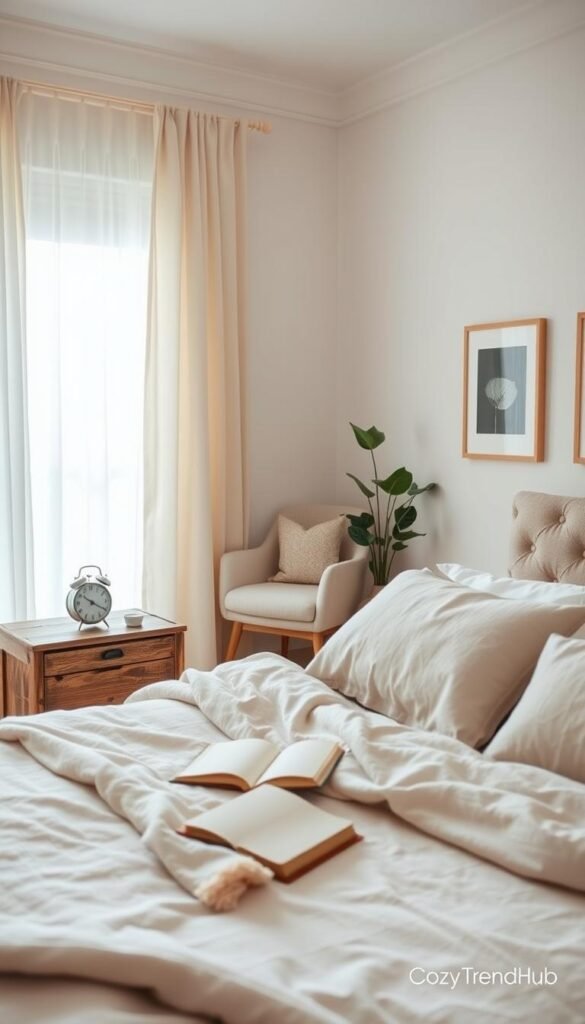 A serene and inviting bedroom designed for a low-effort reset routine that promotes calmness. In the foreground, a neatly made bed with soft, textured blankets in soothing pastel colors. Next to the bed, a rustic wooden nightstand with a small, minimalist alarm clock and an open journal. In the middle, large, window drapes allow soft, natural light to fill the room, illuminating a cozy reading nook with a plush armchair and a small bookshelf filled with calming reads. The walls feature soft, neutral tones adorned with minimalistic art that enhances tranquility. In the background, a potted plant adds a touch of nature. Capture this in soft, diffused lighting using a 50mm lens with a slightly blurred background to emphasize the relaxing ambiance. This image embodies the essence of a cozy sanctuary, branded with "CozyTrendHub."