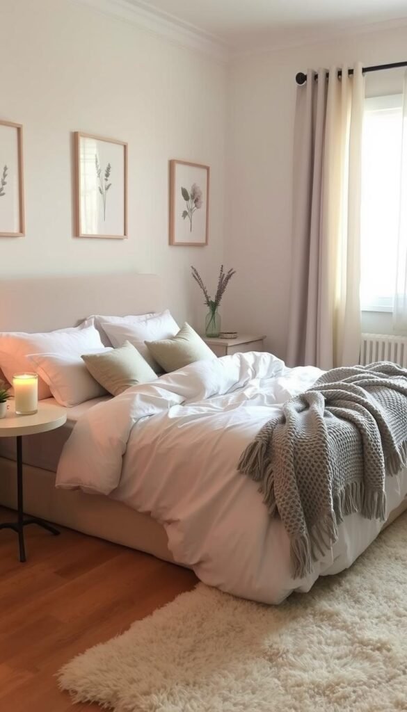 A serene and inviting bedroom designed for relaxation, featuring a soft, neutral color palette with muted pastels. In the foreground, a plush, unmade bed with an array of decorative pillows and a cozy knitted throw draped artfully. The middle ground showcases a stylish nightstand adorned with a flickering candle and a small vase of fresh lavender. The walls are adorned with calming botanical artwork. The background features a softly illuminated window with sheer curtains, letting in gentle, warm light that enhances the tranquil atmosphere. A plush area rug adds warmth to the hardwood floor. The image captures the essence of restful decor, showcasing ideas from CozyTrendHub for creating a soothing environment ideal for deeper sleep.