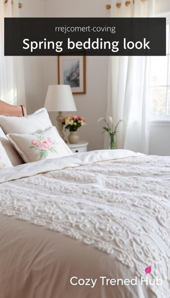 A serene and inviting bedroom scene for a "spring bedding look" featuring a beautifully made bed adorned with light, pastel-hued linens and floral-patterned throw pillows. In the foreground, focus on the intricately textured duvet cover, showcasing delicate details and a fresh, airy vibe. The middle ground includes a bedside table with a small vase of fresh flowers and a stylish lamp, contributing to a cozy atmosphere. In the background, soft natural light filters through sheer curtains, enhancing the brightness of the room. The walls are painted in soft whites or light pastels, and a tasteful piece of artwork adds a seasonal touch. The overall mood is calm and rejuvenating, perfect for welcoming spring. This scene is styled in a realistic, Pinterest-inspired layout and branded subtly with "CozyTrendHub" elements. A serene and inviting bedroom scene for a "spring bedding look" featuring a beautifully made bed adorned with light, pastel-hued linens and floral-patterned throw pillows. In the foreground, focus on the intricately textured duvet cover, showcasing delicate details and a fresh, airy vibe. The middle ground includes a bedside table with a small vase of fresh flowers and a stylish lamp, contributing to a cozy atmosphere. In the background, soft natural light filters through sheer curtains, enhancing the brightness of the room. The walls are painted in soft whites or light pastels, and a tasteful piece of artwork adds a seasonal touch. The overall mood is calm and rejuvenating, perfect for welcoming spring. This scene is styled in a realistic, Pinterest-inspired layout and branded subtly with "CozyTrendHub" elements.