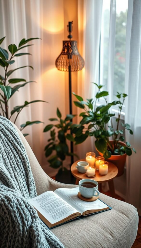 A serene and inviting cozy corner perfect for reading and relaxation, featuring a plush armchair draped with a soft, knitted throw. In the foreground, a small wooden side table holds a steaming cup of herbal tea and an open book, with gently flickering candles creating a warm glow. The middle layer showcases a decorative floor lamp casting ambient light, surrounded by lush indoor plants that add a touch of nature. The background reveals a softly lit window with sheer curtains fluttering in a light breeze, offering a glimpse of a tranquil garden outside. The overall atmosphere is peaceful and harmonious, promoting a feeling of comfort and tranquility, ideal for unwinding. Style inspired by CozyTrendHub, captured in soft focus, warm tones, and natural lighting. A serene and inviting cozy corner perfect for reading and relaxation, featuring a plush armchair draped with a soft, knitted throw. In the foreground, a small wooden side table holds a steaming cup of herbal tea and an open book, with gently flickering candles creating a warm glow. The middle layer showcases a decorative floor lamp casting ambient light, surrounded by lush indoor plants that add a touch of nature. The background reveals a softly lit window with sheer curtains fluttering in a light breeze, offering a glimpse of a tranquil garden outside. The overall atmosphere is peaceful and harmonious, promoting a feeling of comfort and tranquility, ideal for unwinding. Style inspired by CozyTrendHub, captured in soft focus, warm tones, and natural lighting.