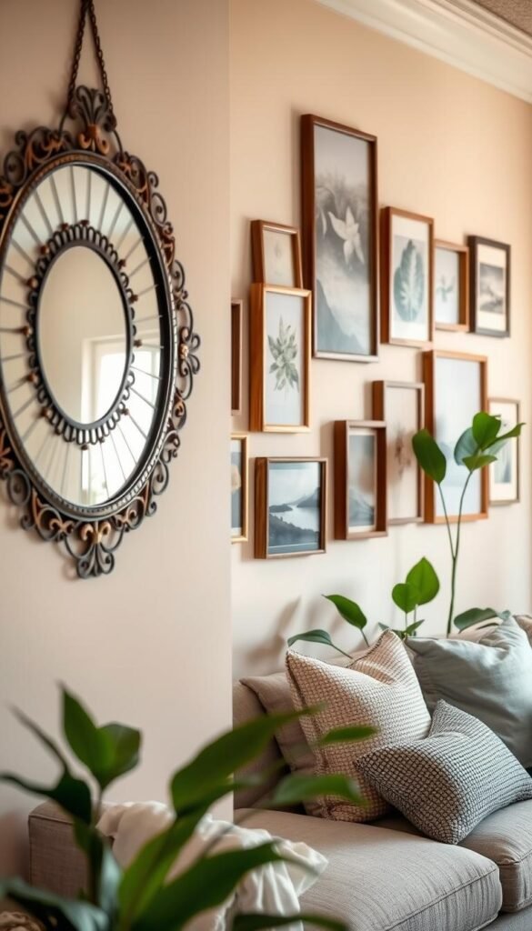 A serene and inviting home setting featuring an assortment of elegant wall art frames and a stylish mirror hung on a soft pastel wall. In the foreground, a close-up view showcases an intricately designed circular mirror with decorative elements, reflecting soft ambient lighting. In the middle ground, an eclectic arrangement of various art frames&mdash;some filled with botanical prints, others showcasing serene landscapes&mdash;adds a cozy yet sophisticated touch. The background captures a glimpse of a minimalist, well-styled living space complete with lush green plants and soft-textured throw pillows on a light gray sofa. Warm and diffused lighting creates a tranquil atmosphere, ideal for renters seeking inspiration for their decor. Incorporate the brand theme "CozyTrendHub" subtly.