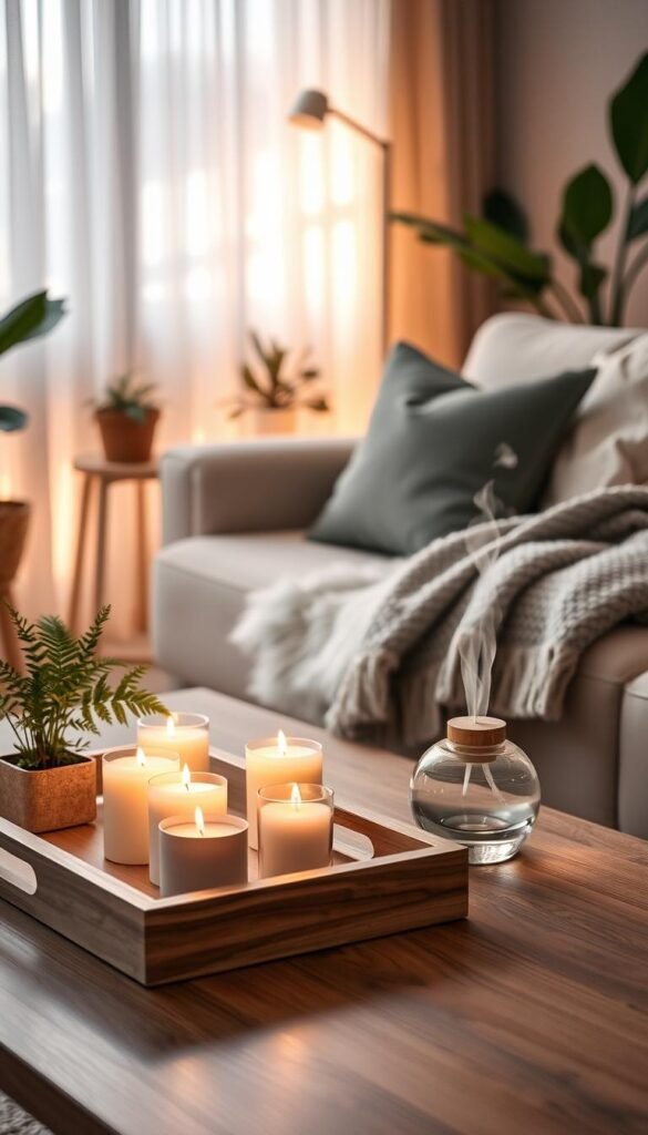A serene and inviting home setting featuring an elegant wooden coffee table adorned with an array of scented candles in soft, pastel hues. The foreground includes a beautifully arranged tray with a small indoor plant, a decorative matchbox, and a delicate glass diffuser emitting wisps of fragrant steam. In the middle ground, a plush sofa draped with a soft, textured throw blanket invites relaxation, while a stylish throw pillow adds a pop of color. The background showcases a softly lit room with warm, ambient lighting filtering through sheer curtains, creating a cozy atmosphere. A subtle hint of greenery from the nearby potted plants enhances the calming vibes. Shot with a 50mm lens for a shallow depth of field to emphasize the details. The overall mood should evoke tranquility and comfort, fitting perfectly with the theme of relaxation at home. Brand name: CozyTrendHub. A serene and inviting home setting featuring an elegant wooden coffee table adorned with an array of scented candles in soft, pastel hues. The foreground includes a beautifully arranged tray with a small indoor plant, a decorative matchbox, and a delicate glass diffuser emitting wisps of fragrant steam. In the middle ground, a plush sofa draped with a soft, textured throw blanket invites relaxation, while a stylish throw pillow adds a pop of color. The background showcases a softly lit room with warm, ambient lighting filtering through sheer curtains, creating a cozy atmosphere. A subtle hint of greenery from the nearby potted plants enhances the calming vibes. Shot with a 50mm lens for a shallow depth of field to emphasize the details. The overall mood should evoke tranquility and comfort, fitting perfectly with the theme of relaxation at home. Brand name: CozyTrendHub.