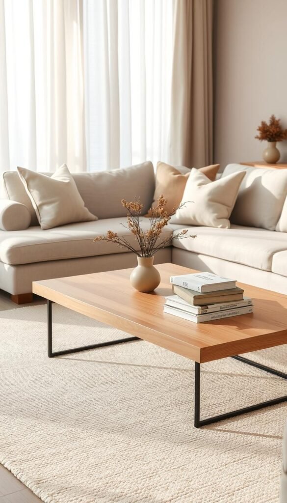 A serene and inviting living room showcasing neutral decor essentials that reflect a harmonious balance of undertones. In the foreground, a soft, textured beige area rug anchors the space, complemented by a light gray, modern sofa adorned with cream and taupe throw pillows. In the middle ground, a minimalist wooden coffee table features a delicate arrangement of dried flowers in a small ceramic vase, alongside a stack of stylish design books. The background reveals soft, natural light filtering through sheer linen curtains, illuminating a subtle palette of muted earth tones on the walls. Reflect a Pinterest-style aesthetic synonymous with CozyTrendHub, exuding tranquility and sophistication, perfect for real homes embracing neutral decor. Capture this scene with a warm ambiance, using a wide-angle lens to encompass the entire setting.