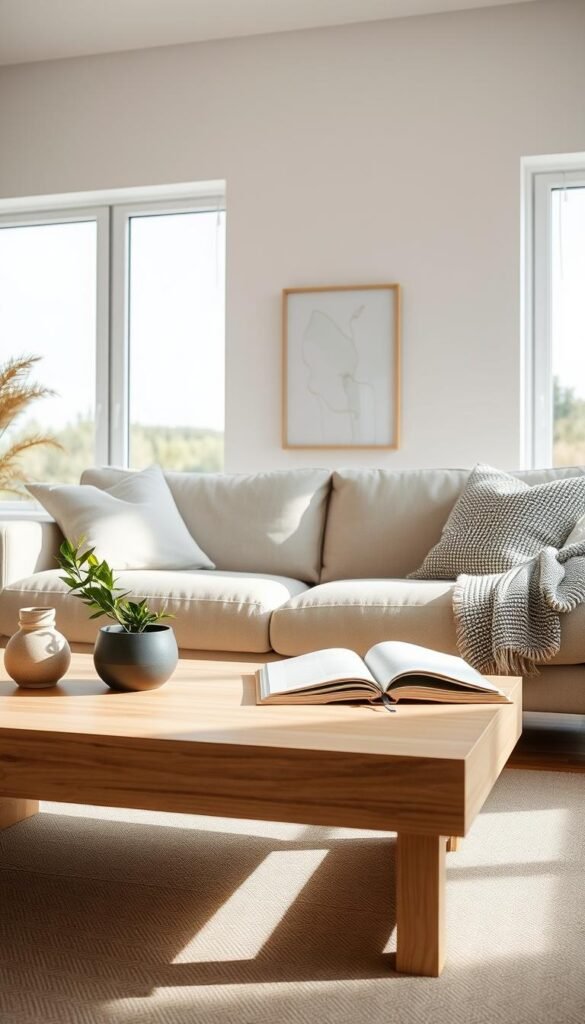 A serene and inviting minimalist living space featuring personal accents that reflect warmth and personality. In the foreground, a sleek, light wood coffee table displays a few carefully chosen decor items, such as a small potted plant, a handcrafted ceramic vase, and an open, stylish book. The middle of the image showcases a soft, neutral sofa adorned with textured cushions in muted tones. Natural light streams through large windows in the background, illuminating soft fabrics and a delicate, abstract wall art piece. The overall atmosphere is calm and cozy, evoking a sense of tranquility and thoughtful curation. This lifestyle scene captures the essence of minimalist home decor while featuring personal touches that make it unique, styled in a Pinterest-friendly manner for CozyTrendHub. A serene and inviting minimalist living space featuring personal accents that reflect warmth and personality. In the foreground, a sleek, light wood coffee table displays a few carefully chosen decor items, such as a small potted plant, a handcrafted ceramic vase, and an open, stylish book. The middle of the image showcases a soft, neutral sofa adorned with textured cushions in muted tones. Natural light streams through large windows in the background, illuminating soft fabrics and a delicate, abstract wall art piece. The overall atmosphere is calm and cozy, evoking a sense of tranquility and thoughtful curation. This lifestyle scene captures the essence of minimalist home decor while featuring personal touches that make it unique, styled in a Pinterest-friendly manner for CozyTrendHub.