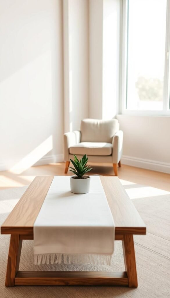 A serene and inviting minimalist room, focusing on light textures and calming colors. The foreground features a simple wooden coffee table adorned with a soft, white linen table runner. A small potted plant sits in the center, adding a touch of greenery. In the middle, a sleek armchair with a muted fabric upholstery invites relaxation, placed beside a large window that allows natural light to cascade in, creating soft shadows on the floor. The background reveals subtle wall textures, painted in soft pastel tones, further enhancing the tranquil atmosphere. The lighting is bright but gentle, reminiscent of a warm afternoon glow. Capture this scene in a wide-angle shot with a shallow depth of field to emphasize the cozy, minimalist aesthetic of "CozyTrendHub." A serene and inviting minimalist room, focusing on light textures and calming colors. The foreground features a simple wooden coffee table adorned with a soft, white linen table runner. A small potted plant sits in the center, adding a touch of greenery. In the middle, a sleek armchair with a muted fabric upholstery invites relaxation, placed beside a large window that allows natural light to cascade in, creating soft shadows on the floor. The background reveals subtle wall textures, painted in soft pastel tones, further enhancing the tranquil atmosphere. The lighting is bright but gentle, reminiscent of a warm afternoon glow. Capture this scene in a wide-angle shot with a shallow depth of field to emphasize the cozy, minimalist aesthetic of "CozyTrendHub."