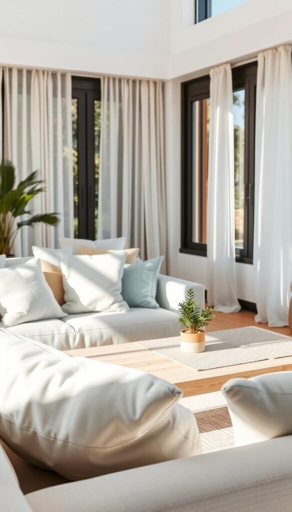 A serene and inviting summer home interior, featuring an array of cool-to-the-touch textiles and surfaces. In the foreground, soft linen cushions in light shades of blue and white are draped on a plush, modern sofa. The middle ground showcases a sleek, light-colored wooden coffee table adorned with a small plant and patterned cotton placemats. The background reveals large windows with sheer curtains gently billowing in a soft breeze, allowing warm sunlight to filter through, casting a calming glow. The scene evokes a relaxing atmosphere perfect for summer, emphasizing comfort and style. The image should display a cozy, minimalist aesthetic, reflecting the brand "CozyTrendHub" with a focus on sustainable decor choices. The lighting is natural and soft, capturing the essence of a tranquil summer retreat. A serene and inviting summer home interior, featuring an array of cool-to-the-touch textiles and surfaces. In the foreground, soft linen cushions in light shades of blue and white are draped on a plush, modern sofa. The middle ground showcases a sleek, light-colored wooden coffee table adorned with a small plant and patterned cotton placemats. The background reveals large windows with sheer curtains gently billowing in a soft breeze, allowing warm sunlight to filter through, casting a calming glow. The scene evokes a relaxing atmosphere perfect for summer, emphasizing comfort and style. The image should display a cozy, minimalist aesthetic, reflecting the brand "CozyTrendHub" with a focus on sustainable decor choices. The lighting is natural and soft, capturing the essence of a tranquil summer retreat.