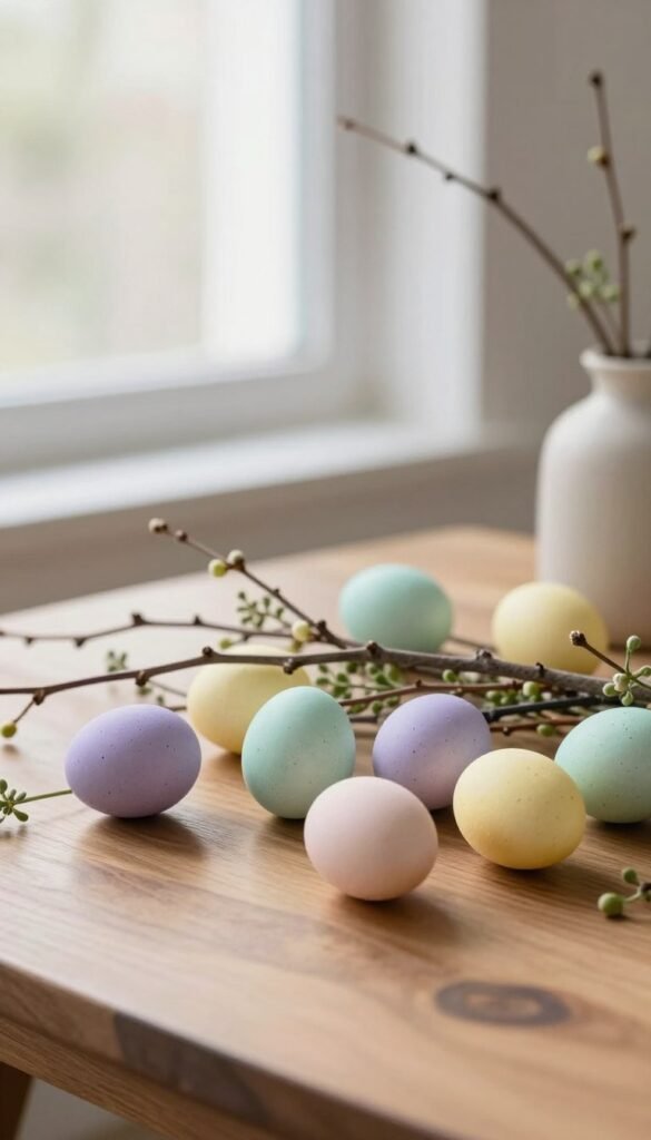 A serene and minimalistic Easter centerpiece featuring delicate, softly colored eggs nestled among natural, slender branches. The foreground showcases a smooth, wooden table surface, highlighting the intricate textures of the eggs in pastel hues of lavender, mint, and soft yellow. The middle of the composition presents the branches, artistically arranged in a simple ceramic vase, with hints of delicate greenery interspersed amongst the eggs. In the background, a softly blurred window allows gentle, diffused sunlight to bathe the scene, enhancing the calm atmosphere. The image should evoke a sense of tranquility and simplicity, capturing the essence of spring. Perfect for a minimalist home decor theme by CozyTrendHub. A serene and minimalistic Easter centerpiece featuring delicate, softly colored eggs nestled among natural, slender branches. The foreground showcases a smooth, wooden table surface, highlighting the intricate textures of the eggs in pastel hues of lavender, mint, and soft yellow. The middle of the composition presents the branches, artistically arranged in a simple ceramic vase, with hints of delicate greenery interspersed amongst the eggs. In the background, a softly blurred window allows gentle, diffused sunlight to bathe the scene, enhancing the calm atmosphere. The image should evoke a sense of tranquility and simplicity, capturing the essence of spring. Perfect for a minimalist home decor theme by CozyTrendHub.