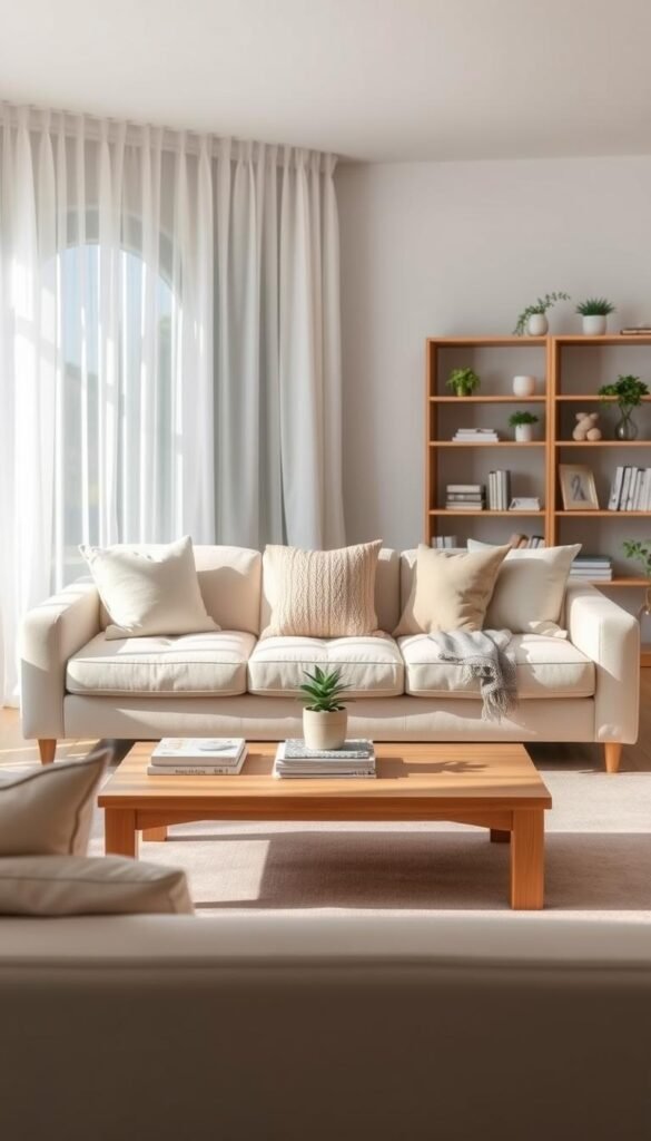 A serene and organized home interior showcasing a minimalist living room. In the foreground, a stylish, light-colored sofa adorned with soft, neutral throw pillows and a cozy knit blanket. A simple wooden coffee table with a small potted plant and a stack of neatly arranged books sits at the center. In the middle ground, a calm, soft-toned rug provides a warm grounding beneath the furniture. A gentle natural light filters through sheer white curtains, casting soft shadows that create a tranquil atmosphere. The background features a well-organized bookshelf with neatly aligned decor items and subtle greenery. The overall color palette includes soothing pastels and muted earth tones, emphasizing a calm and restful vibe, perfect for a home makeover, sponsored by CozyTrendHub.
