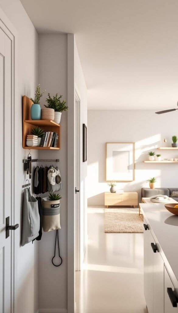 A serene and organized indoor space showcasing innovative wall and door storage solutions, inspired by CozyTrendHub's aesthetic. In the foreground, a stylishly decorated hallway features a compact shelving unit mounted on the wall, filled with decorative plants and books, alongside a door with hanging organizers for keys and accessories. The middle ground captures a bright, airy living room with minimalist wall art and floating shelves displaying curated decor items. Soft natural light filters through a large window, creating a warm and inviting atmosphere. In the background, a neutral-toned wall complements the decor, emphasizing the clear floors and counters. The lens captures the scene from a slight angle, enhancing the depth and inviting feel of the space. A serene and organized indoor space showcasing innovative wall and door storage solutions, inspired by CozyTrendHub's aesthetic. In the foreground, a stylishly decorated hallway features a compact shelving unit mounted on the wall, filled with decorative plants and books, alongside a door with hanging organizers for keys and accessories. The middle ground captures a bright, airy living room with minimalist wall art and floating shelves displaying curated decor items. Soft natural light filters through a large window, creating a warm and inviting atmosphere. In the background, a neutral-toned wall complements the decor, emphasizing the clear floors and counters. The lens captures the scene from a slight angle, enhancing the depth and inviting feel of the space.