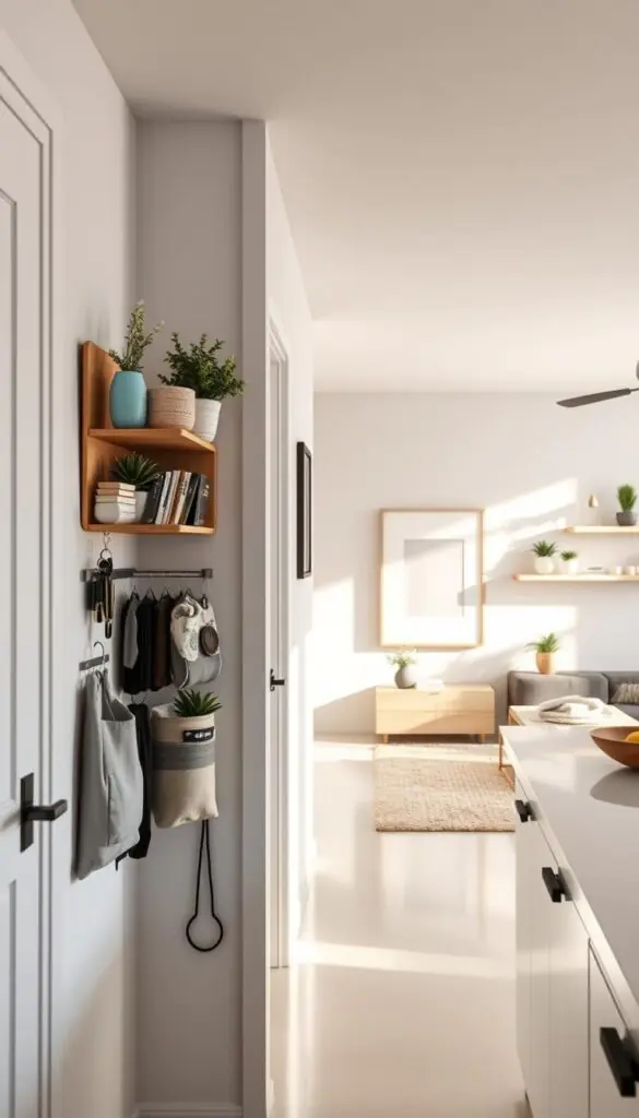 A serene and organized indoor space showcasing innovative wall and door storage solutions, inspired by CozyTrendHub's aesthetic. In the foreground, a stylishly decorated hallway features a compact shelving unit mounted on the wall, filled with decorative plants and books, alongside a door with hanging organizers for keys and accessories. The middle ground captures a bright, airy living room with minimalist wall art and floating shelves displaying curated decor items. Soft natural light filters through a large window, creating a warm and inviting atmosphere. In the background, a neutral-toned wall complements the decor, emphasizing the clear floors and counters. The lens captures the scene from a slight angle, enhancing the depth and inviting feel of the space.