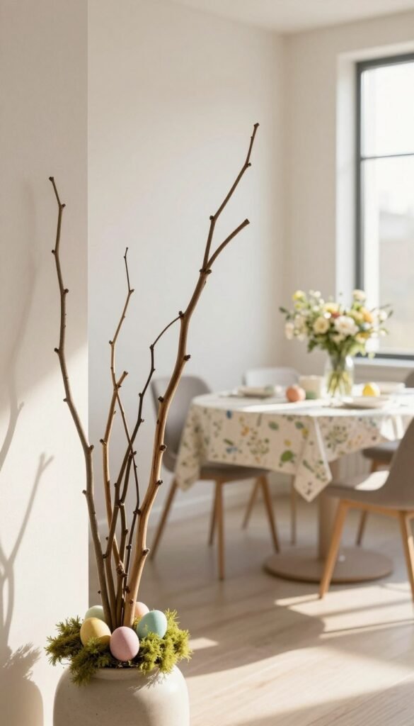 A serene and stylish scene featuring delicate, intertwined branches in a modern living space, perfect for Easter decor. In the foreground, a collection of slender, natural wood branches arranged in a minimalist ceramic vase, adorned with soft green moss and pastel-color Easter eggs tucked within. The middle ground showcases a chic, small dining table set against a light, airy wall, with a subtle spring-themed tablecloth and tasteful, simple floral arrangements. In the background, a bright window lets in warm, natural light, casting soft shadows that evoke a cozy atmosphere. The overall mood is inviting and fresh, ideal for a Pinterest-worthy lifestyle image by CozyTrendHub, captured with a shallow depth of field to emphasize the branches and soft bokeh effect.