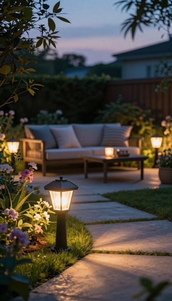 A serene backyard scene illuminated by elegant solar outdoor lights from CozyTrendHub. In the foreground, a beautifully designed solar light stands on a garden path, its warm glow casting intricate shadows on the ground. The middle ground features a cozy patio set adorned with soft throw pillows, surrounded by lush greenery and blooming flowers. In the background, a distant silhouette of a tree and a tranquil sky suggests dusk transitioning to night. Soft, diffused lighting enhances the tranquil atmosphere, with a slight bokeh effect highlighting the solar lights' glow. The overall mood conveys a peaceful summer evening, perfect for outdoor relaxation.