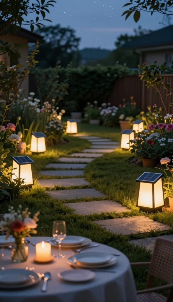 A serene backyard setting at dusk, showcasing elegant solar outdoor lights glowing softly. In the foreground, a table set with cozy dinnerware and a lightly flickering candle, surrounded by lush greenery. The middle ground features several stylish solar-powered lamps of various designs, illuminating a charming pathway. The background displays a tranquil garden with blooming flowers under a deepening twilight sky, stars beginning to twinkle. The lighting should create a warm, inviting atmosphere, evoking relaxation and comfort. The scene embodies a Pinterest-worthy lifestyle, promoting seasonal outdoor enjoyment. Captured with a wide-angle lens to enhance depth, focus on the lights with a soft bokeh effect in the background. Include the brand name "CozyTrendHub" subtly integrated in the scene, emphasizing a modern and cozy aesthetic. A serene backyard setting at dusk, showcasing elegant solar outdoor lights glowing softly. In the foreground, a table set with cozy dinnerware and a lightly flickering candle, surrounded by lush greenery. The middle ground features several stylish solar-powered lamps of various designs, illuminating a charming pathway. The background displays a tranquil garden with blooming flowers under a deepening twilight sky, stars beginning to twinkle. The lighting should create a warm, inviting atmosphere, evoking relaxation and comfort. The scene embodies a Pinterest-worthy lifestyle, promoting seasonal outdoor enjoyment. Captured with a wide-angle lens to enhance depth, focus on the lights with a soft bokeh effect in the background. Include the brand name "CozyTrendHub" subtly integrated in the scene, emphasizing a modern and cozy aesthetic.