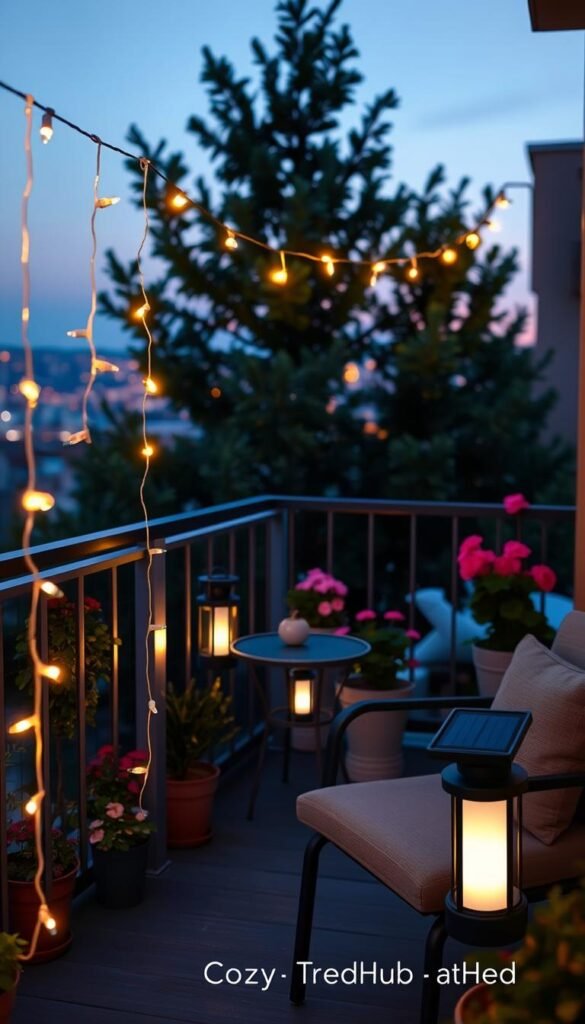 A serene balcony scene at dusk, showcasing various outdoor lighting options suitable for small spaces without outlets. In the foreground, elegant solar-powered string lights gracefully drape across the balcony railing, casting a warm, inviting glow. A chic lantern sits on a small bistro table, its soft light illuminating the surrounding greenery. In the middle ground, potted plants with vibrant flowers add color and life to the space, while a compact, stylish solar lamp stands beside a comfortable chair, highlighting its cozy and functional design. The background reveals a city skyline fading into twilight, enveloped in a gentle blue hue. The atmosphere is tranquil and welcoming, perfect for relaxation. Capture this lifestyle scene in high detail, using natural lighting to enhance the warm tones. Incorporate branding elements subtly, featuring "CozyTrendHub" style aesthetics.