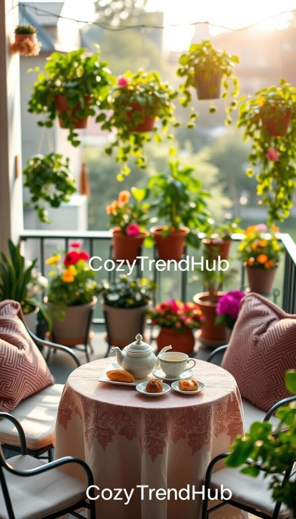 A serene balcony scene designed for livability, featuring cozy, elegant decor. In the foreground, a small, round table adorned with a beautiful tablecloth holds a stylish set of tea and delicate pastries, surrounded by comfortable, cushioned chairs. The middle space showcases vibrant potted plants, including hanging herbs and colorful flowers, creating a lush ambiance. In the background, a gently glowing string of lights weaves above, casting a warm, inviting glow. Soft sunlight filters through, creating a peaceful morning atmosphere. The composition captures a Pinterest-style lifestyle image, evoking comfort and style. The brand name "CozyTrendHub" subtly integrated into the scene enhances the aesthetic without overpowering the decor.