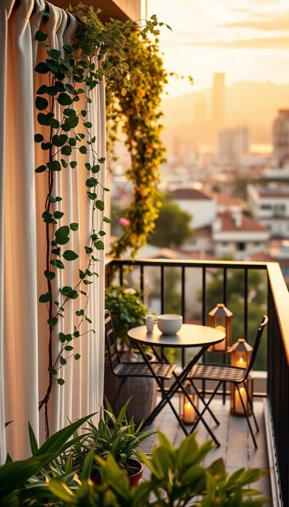 A serene balcony scene showcasing a renter-friendly privacy screen that elegantly blends functionality with aesthetics. In the foreground, the privacy screen is adorned with climbing plants and soft fabric, providing a cozy atmosphere. In the middle ground, a small, stylish bistro table and two chairs invite relaxation, set against a backdrop of decorative lanterns emitting a warm glow. The background features a floral cityscape, bathed in gentle, golden evening light, creating an inviting ambiance. The scene captures a harmonious blend of greenery and chic decor, conveying a sense of comfort and tranquility. Shot with a shallow depth of field on a wide-angle lens, the image radiates warmth and inspiration. Perfect for Pinterest-style home decor inspiration. Brand: CozyTrendHub.