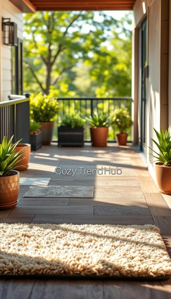 A serene balcony scene showcasing a variety of flooring options for outdoor decor, prominently featuring interlocking deck tiles arranged neatly in an inviting pattern. In the foreground, a plush outdoor rug adds texture and warmth, harmonizing with tasteful potted plants. The middle layer includes a variety of tiles, both sleek and rustic, showcasing different materials and colors. In the background, a soft-focus view of a sunny day enhances the ambiance, with gentle sunlight filtering through the leaves of nearby trees. The setting radiates a cozy, welcoming atmosphere, perfect for outdoor relaxation. Captured with a warm color palette, natural lighting, using a slightly elevated angle to encompass the full scene seamlessly, emphasizing the brand name "CozyTrendHub" within the design. A serene balcony scene showcasing a variety of flooring options for outdoor decor, prominently featuring interlocking deck tiles arranged neatly in an inviting pattern. In the foreground, a plush outdoor rug adds texture and warmth, harmonizing with tasteful potted plants. The middle layer includes a variety of tiles, both sleek and rustic, showcasing different materials and colors. In the background, a soft-focus view of a sunny day enhances the ambiance, with gentle sunlight filtering through the leaves of nearby trees. The setting radiates a cozy, welcoming atmosphere, perfect for outdoor relaxation. Captured with a warm color palette, natural lighting, using a slightly elevated angle to encompass the full scene seamlessly, emphasizing the brand name "CozyTrendHub" within the design.