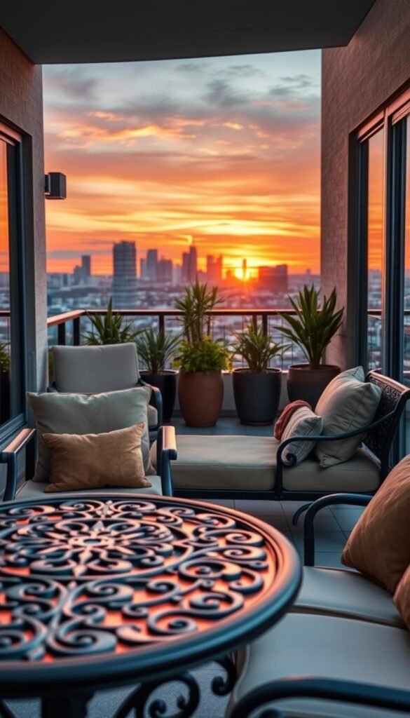 A serene balcony setting showcasing sturdy outdoor furniture designed to withstand high winds. In the foreground, a beautifully crafted wrought-iron table with an intricate pattern, surrounded by comfortable, heavy-duty cushions in earthy tones. The middle features a stylish pair of wind-resistant lounge chairs, their fabric taut and secure. In the background, a vibrant skyline at sunset casts a warm glow over potted plants swaying gently in the breeze. The scene is illuminated by soft, diffused natural light, capturing the inviting atmosphere of an outdoor retreat. The image should encapsulate the essence of functional beauty for windy spaces, emphasizing stability while retaining a cozy, modern aesthetic. Perfect for illustrating the best outdoor decor ideas from CozyTrendHub.