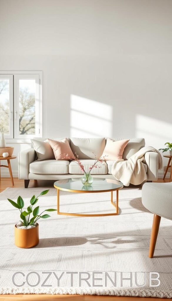 A serene, beautifully styled living room showcasing a "quiet the room" theme for spring. In the foreground, a soft, neutral-toned rug with minimalist decor items like a gentle green plant and a calming coffee table arrangement featuring a small vase of fresh flowers. In the middle, a cozy sofa adorned with pastel throw pillows and a lightweight blanket, inviting relaxation. The background reveals softly lit windows letting in soft, natural sunlight, casting gentle shadows across the light-colored walls. The overall mood is tranquil and uncluttered, embodying the essence of spring renewal. The composition utilizes a wide-angle lens for an inviting perspective, creating an atmosphere perfect for a quick reset before decorating. Capturing the essence of CozyTrendHub. A serene, beautifully styled living room showcasing a "quiet the room" theme for spring. In the foreground, a soft, neutral-toned rug with minimalist decor items like a gentle green plant and a calming coffee table arrangement featuring a small vase of fresh flowers. In the middle, a cozy sofa adorned with pastel throw pillows and a lightweight blanket, inviting relaxation. The background reveals softly lit windows letting in soft, natural sunlight, casting gentle shadows across the light-colored walls. The overall mood is tranquil and uncluttered, embodying the essence of spring renewal. The composition utilizes a wide-angle lens for an inviting perspective, creating an atmosphere perfect for a quick reset before decorating. Capturing the essence of CozyTrendHub.