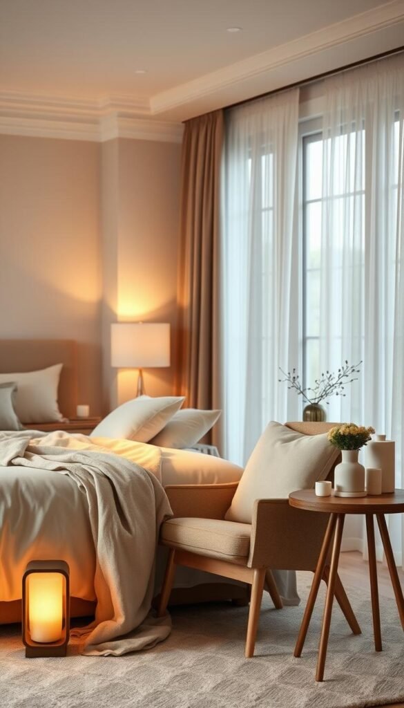 A serene bedroom design that embodies tranquility, featuring a plush, neutral-toned bed with soft linens and an inviting throw blanket draped across a corner. In the foreground, a cozy reading nook with a stylish armchair positioned next to a warm, softly glowing lamp, casting gentle light. The middle ground includes a wooden bedside table adorned with a calming diffuser, fresh flowers, and minimalist decor items. In the background, softly painted walls complement large windows draped with sheer curtains, allowing natural light to filter in. The overall atmosphere should feel calm and peaceful, evoking restfulness. Capture this scene with a soft-focus lens, emphasizing warmth and coziness, creating a Pinterest-style lifestyle photo for CozyTrendHub.